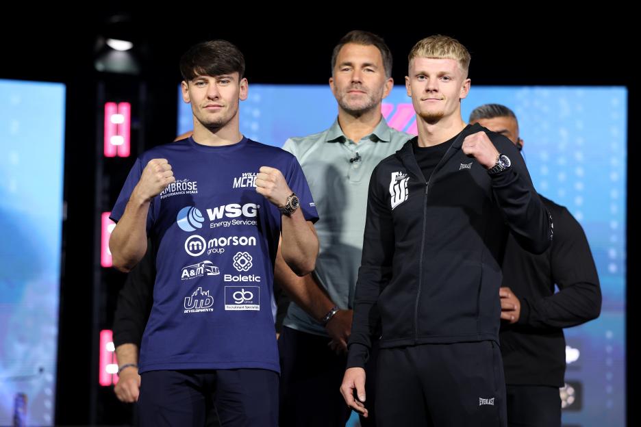 Boxers William Crolla and Fraser Wilkinson at a press conference.