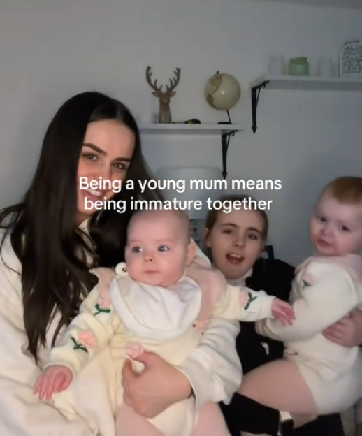Two young mothers holding their babies. Text overlay reads,