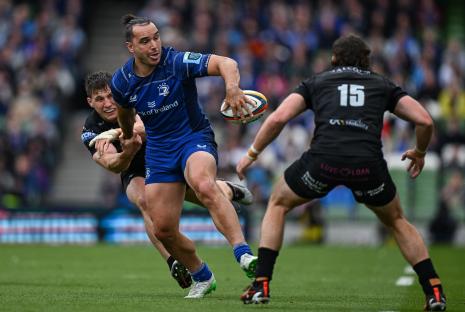 James Lowe of Leinster offloads the rugby ball during a match.