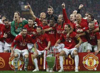 Manchester United team celebrating their UEFA Champions League victory.