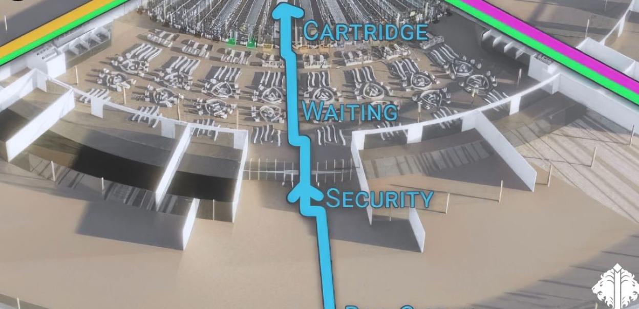 Illustration of a future airport design, showing the passenger flow from cartridge to waiting area and then security.
