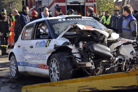 Severely damaged rally car after an accident.