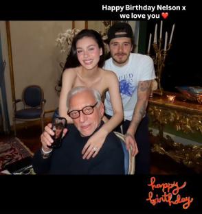 Photo of Brooklyn and Nicola Peltz Beckham with Nelson Peltz for his birthday.