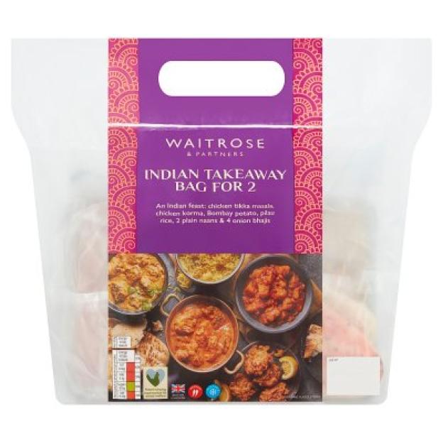 Waitrose Indian Takeaway Bag for Two: chicken tikka masala, chicken korma, Bombay potato, pilau rice, naans, and onion bhajis.