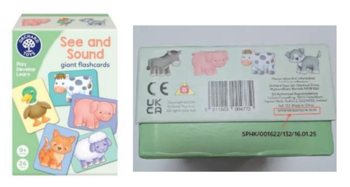 Image of Orchard Toys See and Sound giant flashcards box and its packaging information.