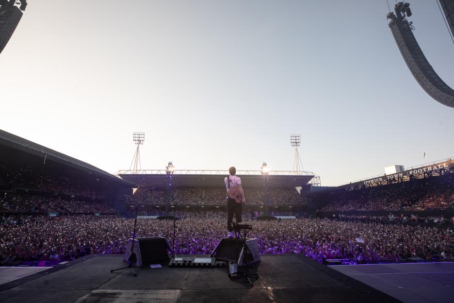 Ed Sheeran performing at Portman Road, Ipswich.