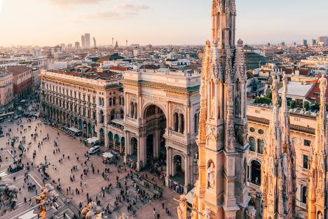 Aerial view of Galleria Vittorio Emanuele II in Milan, Italy.