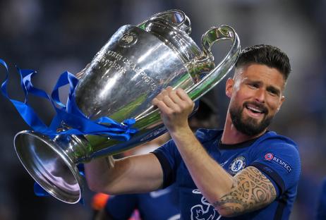 Olivier Giroud of Chelsea celebrates with the Champions League trophy.