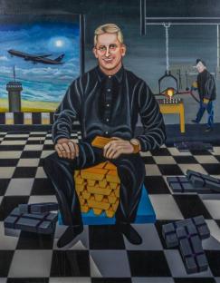 Illustration of Kenneth Noye sitting on a stack of gold bars.