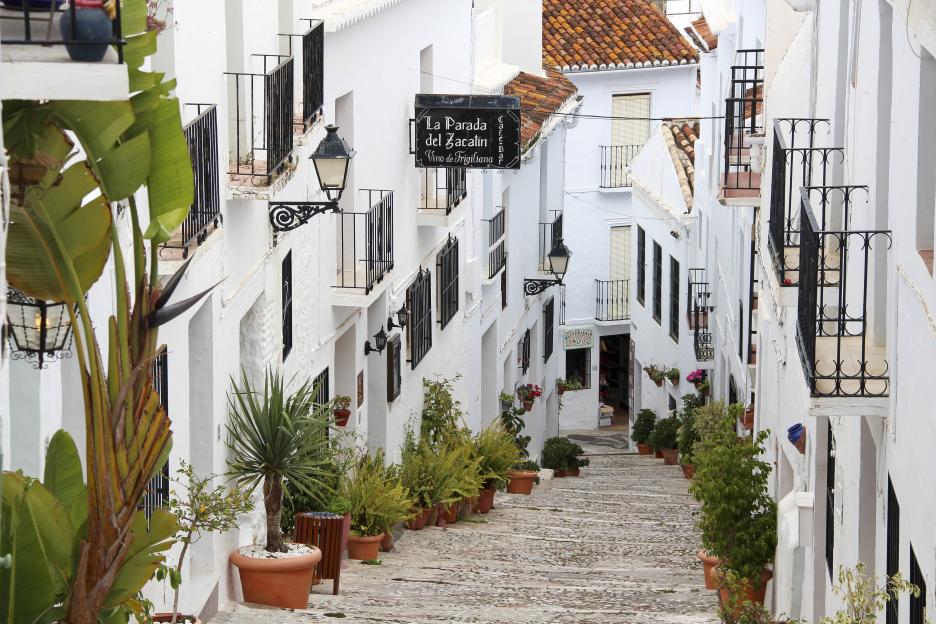 Stone steps leading up a narrow street lined with white buildings and potted plants in Frigiliana, Spain.