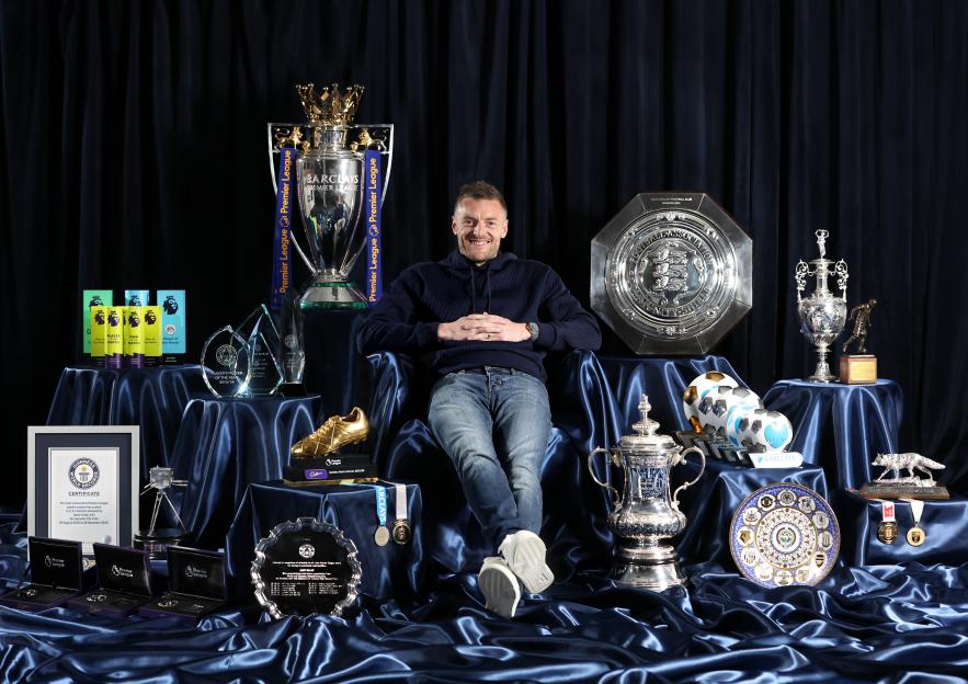 Jamie Vardy sits among his trophies.
