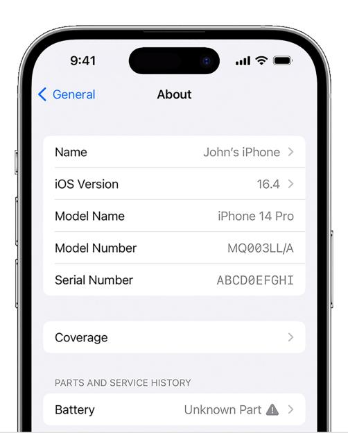 iPhone 14 Pro About screen showing iOS version, model number, serial number, and battery information.