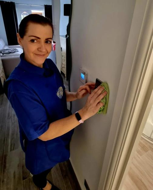A cleaner wiping down a wall-mounted thermostat.