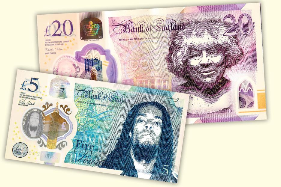 Illustration of a £5 and £20 banknote designs.
