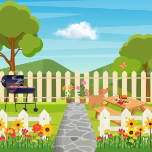 Illustration of a backyard barbecue with a dog.