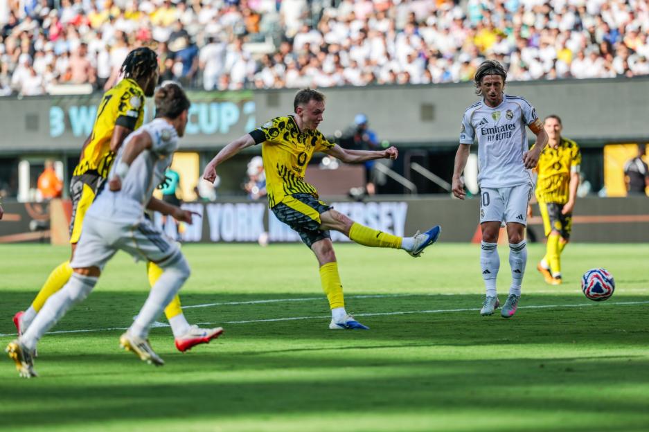 Mandatory Credit: Photo by William Volcov/Shutterstock (15387680bh) Maximilian Beier of Borussia Dortmund during a match against Real Madrid, a game valid for the quarter-finals of the 2025 FIFA Club World Cup at Metlife Stadium in East Hartford in the United States this Saturday, July 5. Real Madrid v Dortmund, 2025 FIFA Club World Cup, MetLife Stadium, East Rutherford, New Jersey, USA - 05 Jul 2025