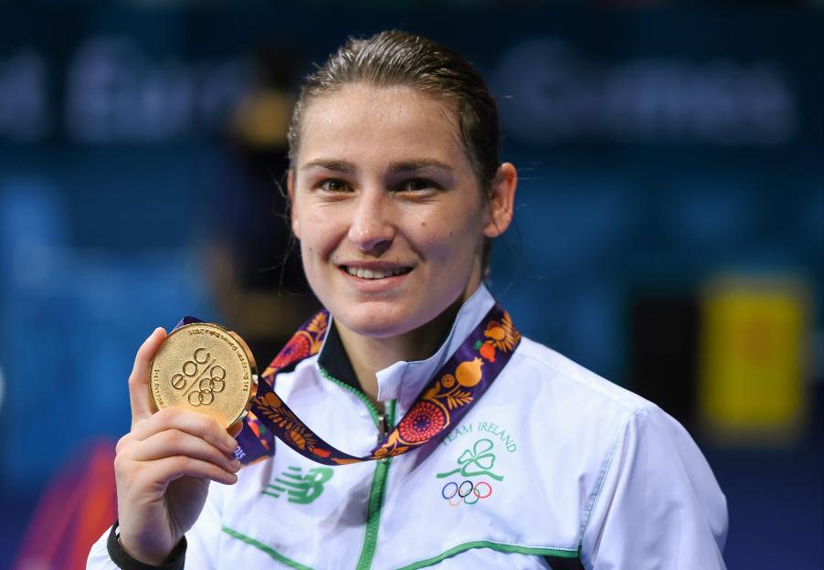 Katie Taylor, of Ireland, holding her gold medal after winning the Women's Boxing Light 60kg Final at the 2015 European Games.