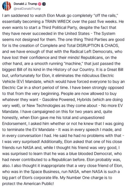 Screenshot of Donald Trump's Truth Social post criticizing Elon Musk.