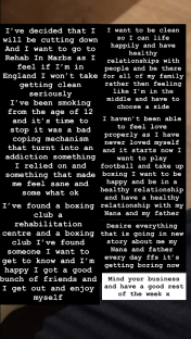 Image of a text post detailing the author's plans to go to rehab and improve their life.