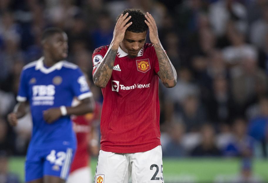 Jadon Sancho of Manchester United looking dejected during a soccer match.