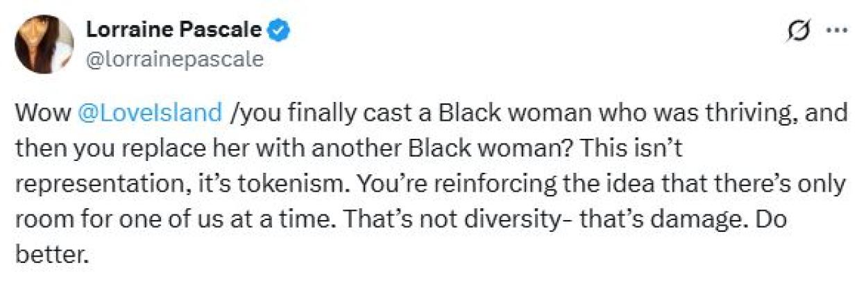 Lorraine Pascale's tweet criticizing Love Island for replacing one Black woman with another.