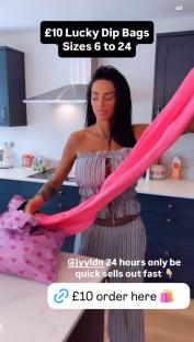 Katie Price promoting £10 lucky dip bags of clothes, sizes 6-24.