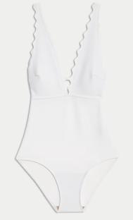 White scallop-trimmed swimsuit.