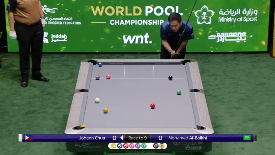 Johann Chua playing pool at the World Pool Championship.