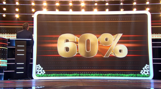 Screenshot of a game show displaying 60% with soccer balls at the bottom.