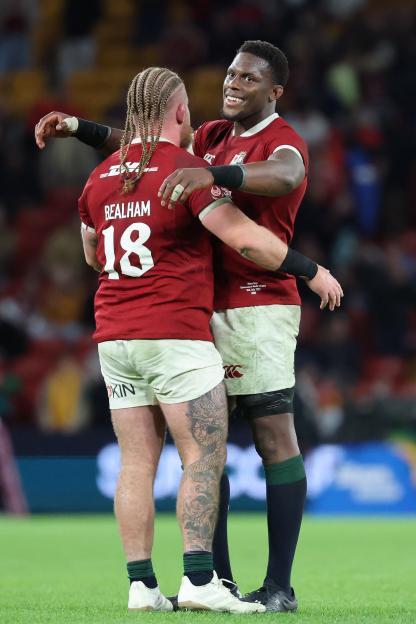 British and Irish Lions players Maro Itoje and Finlay Bealham celebrating.