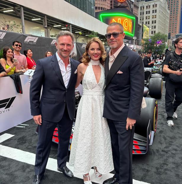 Christian Horner, Geri Halliwell Horner, and Brad Pitt at the F1 movie premiere.