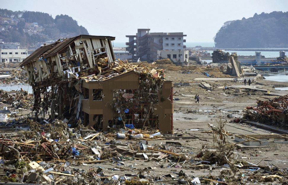 Tsunami-damaged buildings and debris in Minamisanriku, Japan.