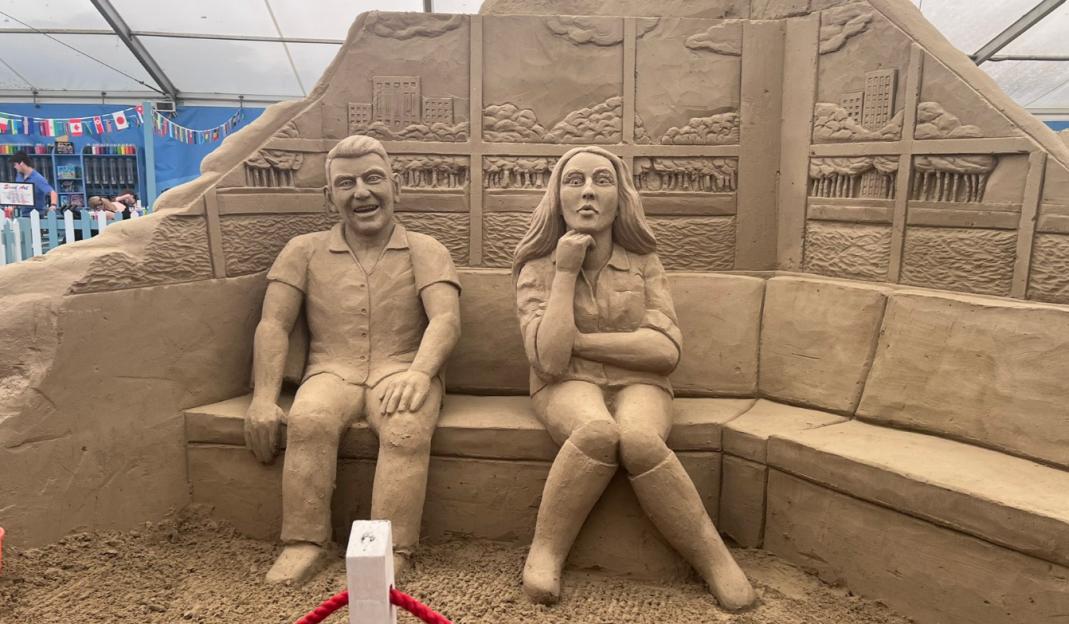 Sand sculpture of Ben Shephard and Cat Deeley.