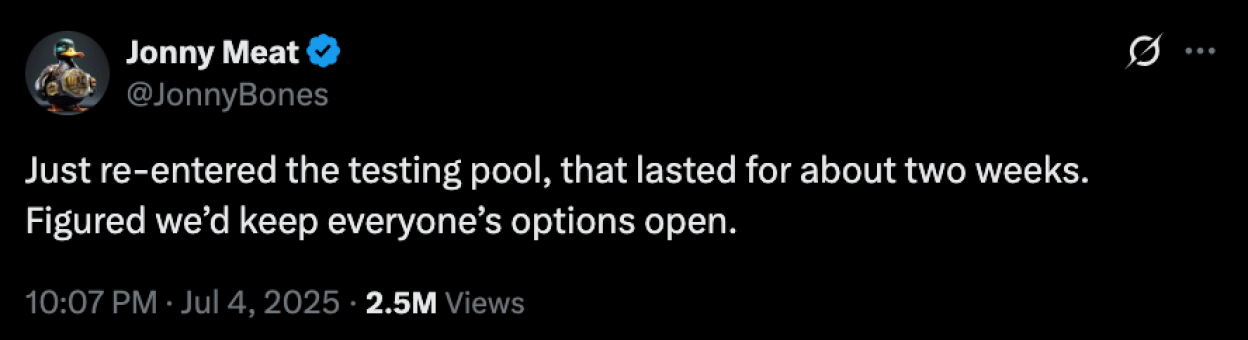 Screenshot of a tweet announcing the re-entry into a testing pool that lasted two weeks.