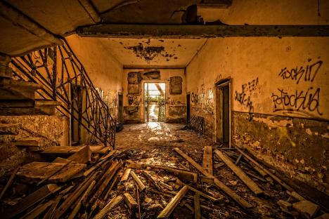 Interior of a dilapidated building on Poveglia Island.