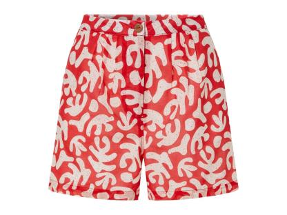 Red shorts with a white abstract pattern.
