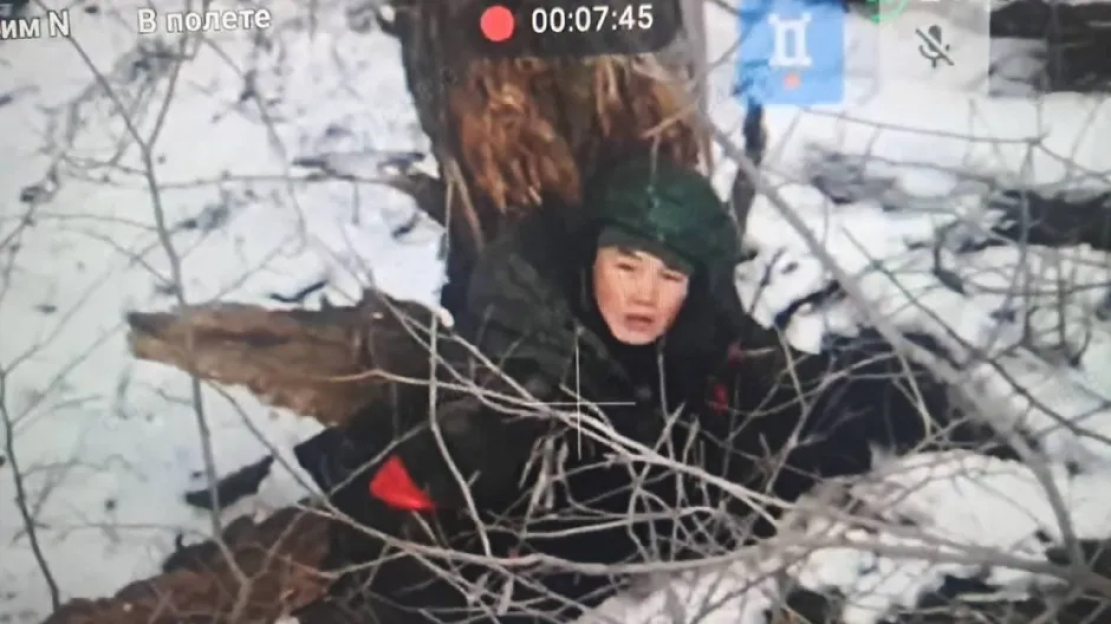 Person in dark clothing hiding in snowy bushes.