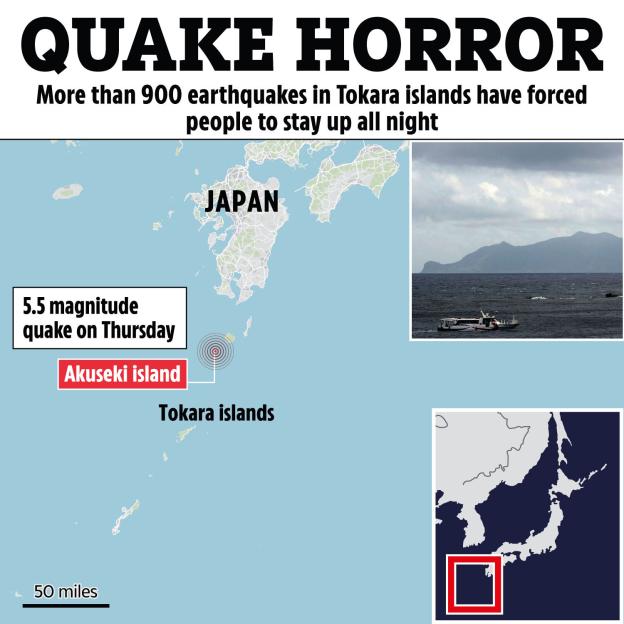 Map showing over 900 earthquakes in the Tokara Islands, Japan, forcing residents to stay up all night.