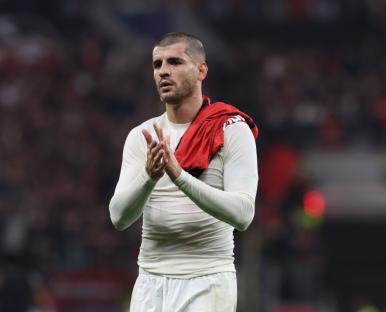 LEVERKUSEN, GERMANY - OCTOBER 01: Alvaro Morata of AC Milan reacts at the end of the UEFA Champions League 2024/25 League Phase MD2 match between Bayer 04 Leverkusen and AC Milan at BayArena on October 01, 2024 in Leverkusen, Germany. (Photo by Claudio Villa/AC Milan via Getty Images)