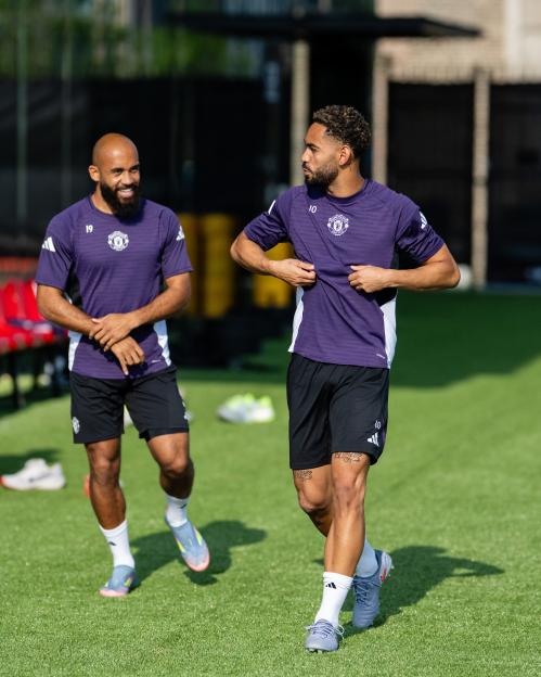 Bryan Mbeumo and Matheus Cunha of Manchester United in training.