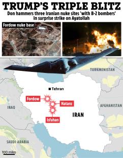 Illustration of a map showing three sites in Iran that were allegedly bombed, accompanied by images of a B-2 bomber and a fire.