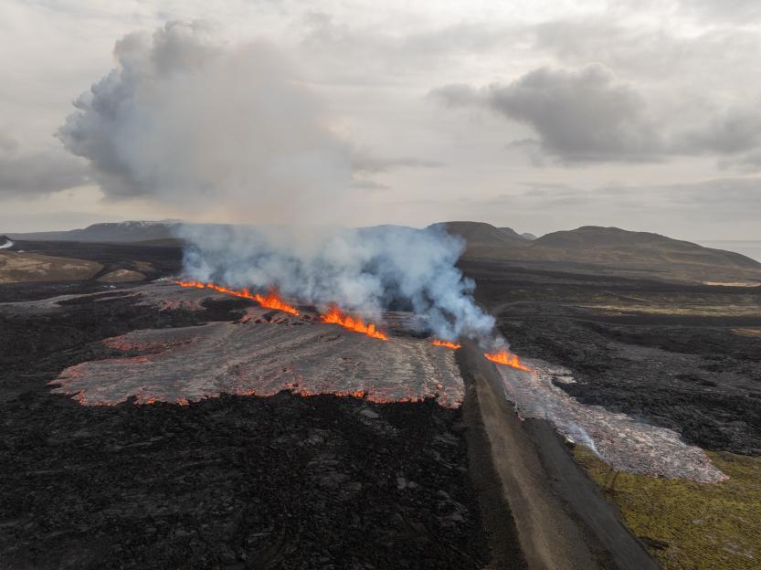 Aerial view of a volcanic eruption near Grindavik, Iceland.