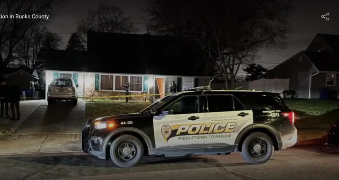 Police car at a house at night.