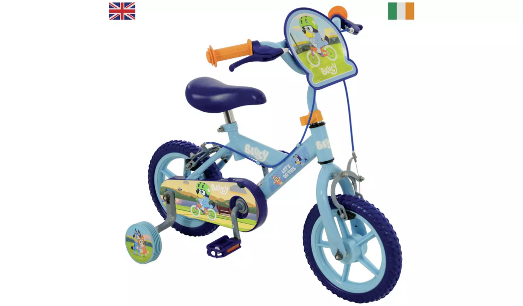 Bluey-themed children's bicycle with training wheels.