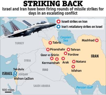 Map illustrating Israeli and Iranian missile strikes.