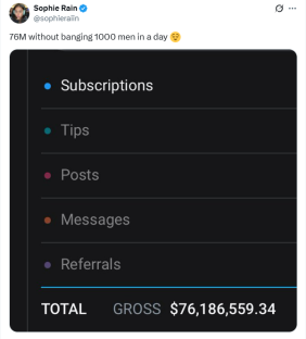 Screenshot of earnings, totaling $76,186,559.34, from subscriptions, tips, posts, messages, and referrals.