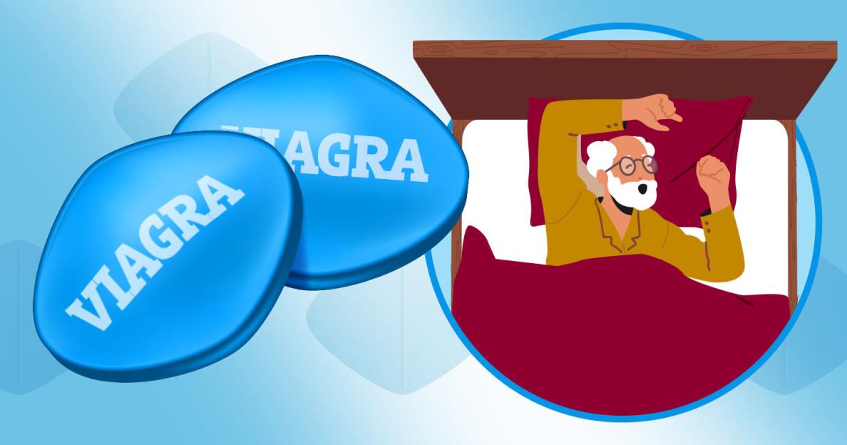 Illustration of Viagra pills and a man waking up in bed.