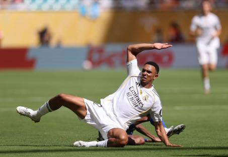 Trent Alexander-Arnold of Real Madrid on the ground during a soccer match.