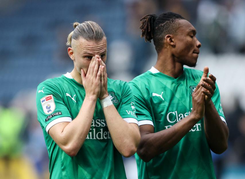 Plymouth Argyle's Maksym Talovierov reacts after a soccer match.