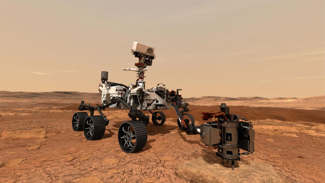 Illustration of the Perseverance rover on Mars drilling a rock sample.